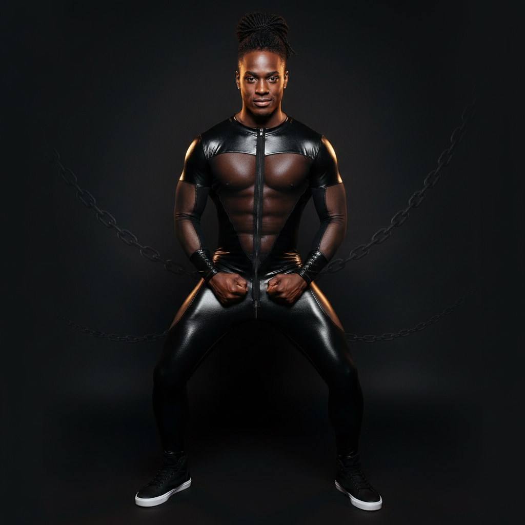 Muscular Black man exudes confidence in a PVC Leather Mesh Kink Bodysuit, featuring a sheer chest panel and central zipper, embodying queer empowerment and sexy self-expression amidst a dramatic setting.