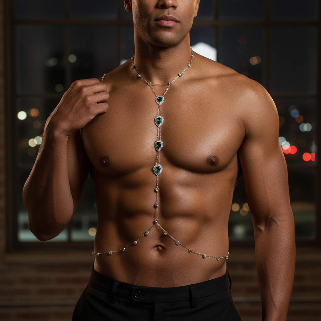 Muscular shirtless man wearing the Party Prism Green Rhinestone Harness indoors, city lights blurred. He touches its chain—a queer statement.