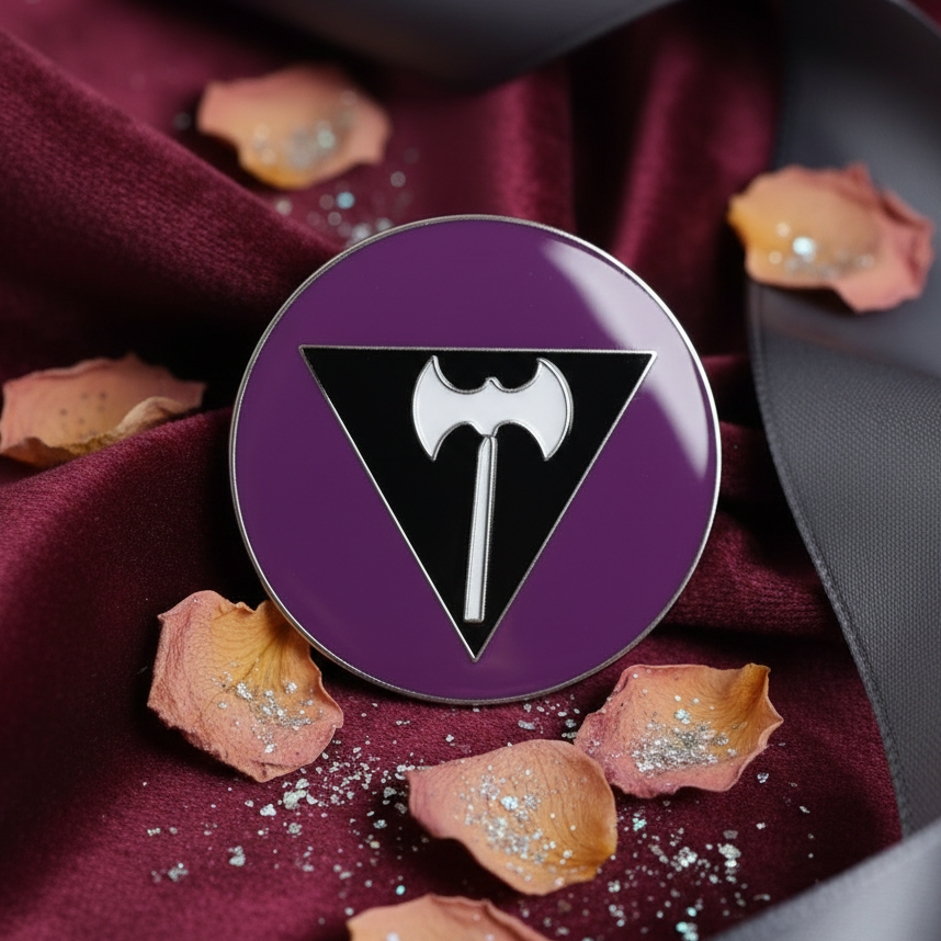Lesbian Pride Badge: A bold, purple enamel pin with a white labrys on a black triangle, symbolizing lesbian feminist pride. Set against burgundy fabric, embodying empowerment and visibility.