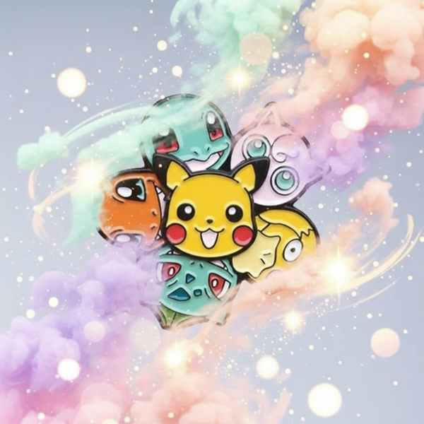Pokemon Friends Enamel Pin featuring pastel-colored faces of Pikachu, Squirtle, Bulbasaur, Charmander, Jigglypuff, and Psyduck, surrounded by sparkling clouds, celebrating LGBTQIA+ pride and self-expression.