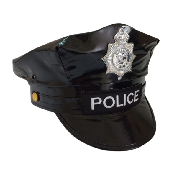 The Police Cosplay Kinky Hat features a shiny black peaked cap with a metallic badge and POLICE embroidery, embodying queer empowerment, self-expression, and playful authority for bold sexual exploration.