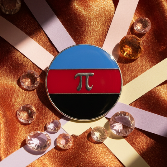 Polyamorous Pride Badge on bronze-gold satin, featuring sky-blue, red, and black bands with a metallic π. Surrounded by light-amber gem beads and white paper strips, exuding bold, proud queer energy.