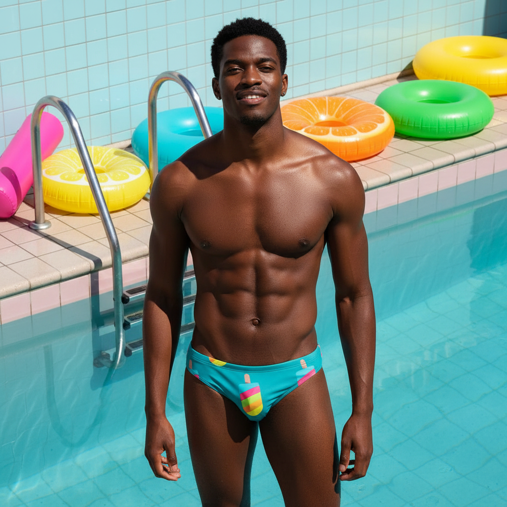 Popsicles Creamy Boy Swim Briefs in bold, pride-inspired colors worn by a smiling man poolside with fruity floats and a ladder.