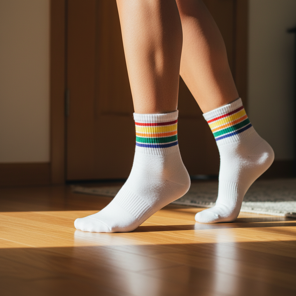 Lower legs and feet wearing "Pride In Every Step" LGBTQ rainbow-striped socks on a wooden floor; sunlight, door, and rug behind.