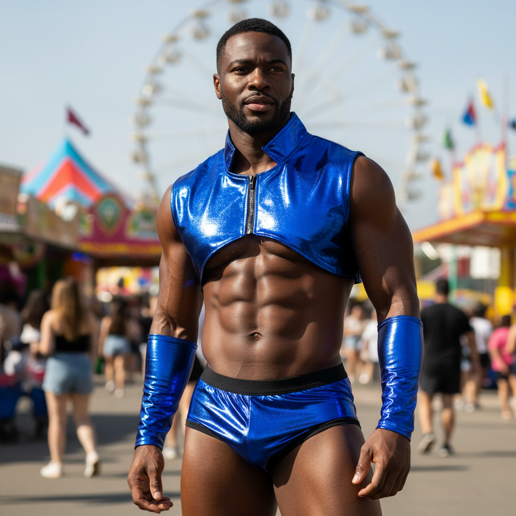 Queer Carnival King Men's Gogo Costume Set: shiny blue crop top, briefs, and arm bands; muscular man posing at a lively fairground.