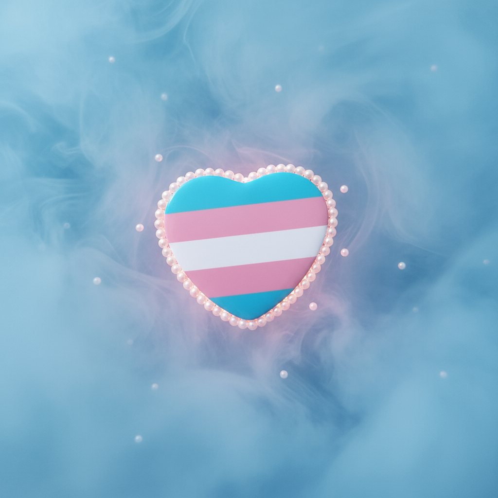 Transgender Pride Heart Badge: A pastel 3D heart emblem adorned with transgender flag stripes, delicately outlined in pearl-like beads, symbolizing pride and self-expression, perfect for showcasing transgender identity with style.