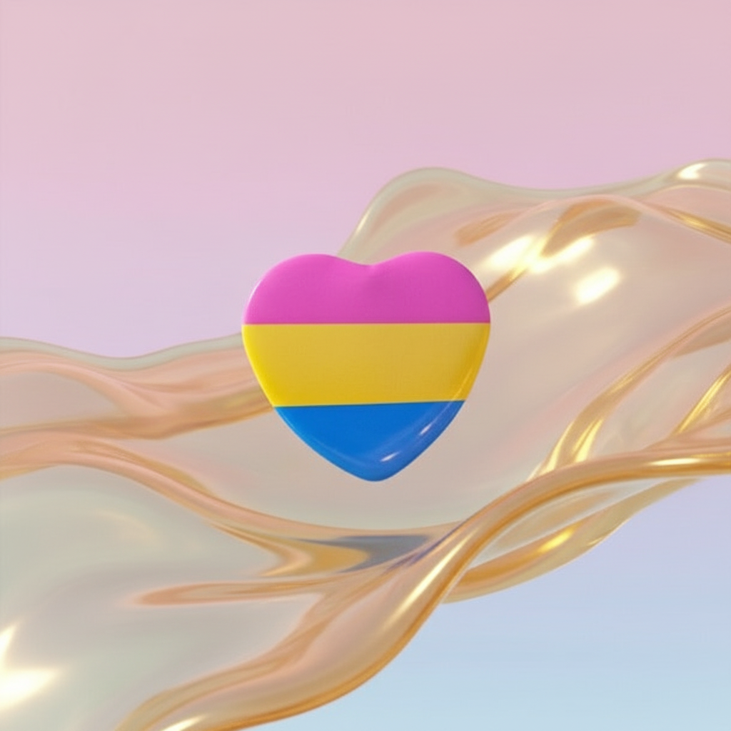 Pansexual Pride Heart Badge featuring a glossy, tricolor heart in pink, yellow, and blue stripes, set against golden, fluid shapes; a bold statement of queer empowerment and self-expression.
