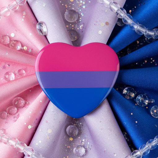 Bisexual Pride Heart Badge: A glossy, heart-shaped badge painted with bisexual pride stripes in magenta, purple, and blue, set against a vibrant fabric backdrop, embodying bold self-expression and LGBTQIA+ pride.