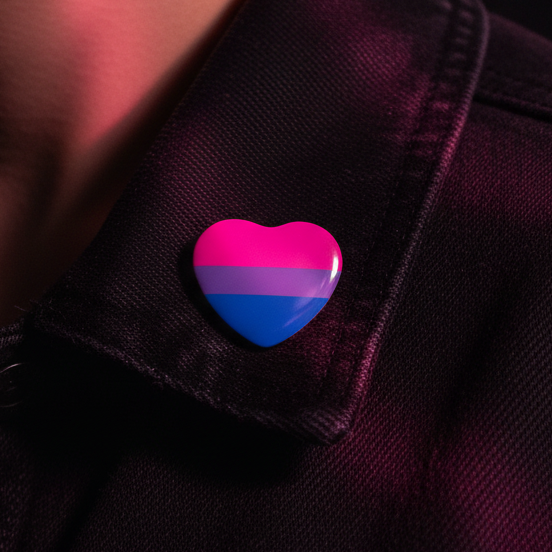 Bisexual Pride Heart Badge on a denim jacket collar, featuring vibrant stripes in bisexual flag colors. Made from durable iron alloy, it embodies bold self-expression and celebrates bisexual pride with empowering visibility.