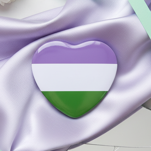 Genderqueer Pride Heart Badge on lavender fabric, showcasing lavender, white, and green stripes. A bold, durable iron alloy piece celebrating genderqueer identity with empowering pride and visibility.