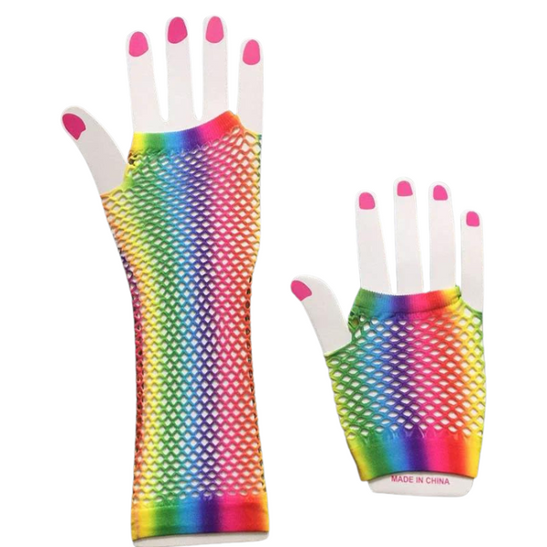 Lizzy Neon Colour Leg Warmers Fishnet Gloves Gummy Bracelet Beads Necklace Set Rainbow Florescent Stripe | 80s Neon Teen Fancy Dress Dance Ware Hen Party Tutu Accessory - Bargain Online Ltd