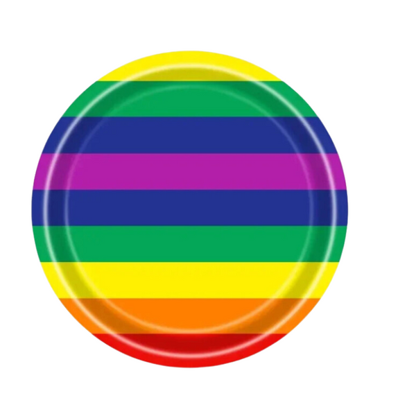 Rainbow Pride Party 20 Piece 7 Inch Plates Set features vibrant rainbow stripes, symbolizing LGBTQIA+ pride, perfect for inclusive celebrations. Crafted from paper, these plates embody bold self-expression and joyful queer energy.