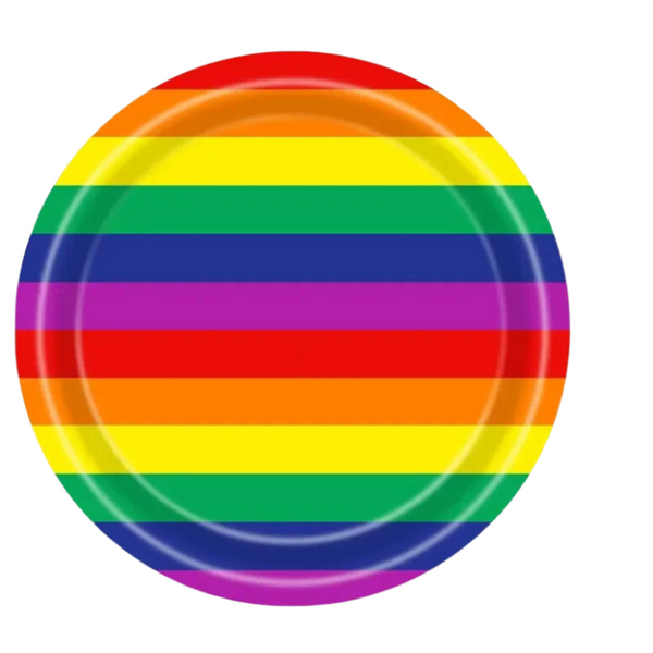 Rainbow Pride Party 20 Piece 9in Plate Set with vibrant rainbow stripes, embodying LGBTQIA+ pride and celebration. Durable paper design perfect for inclusive gatherings, reflecting empowerment and joyful queer self-expression.
