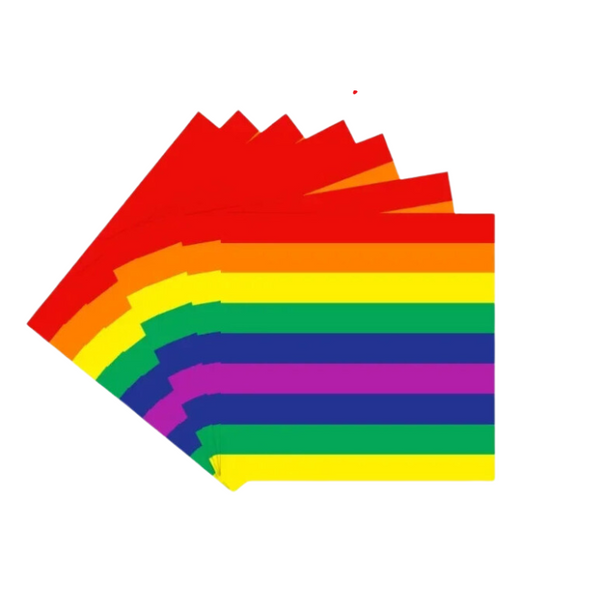 Rainbow Pride Party 40 Piece Napkins, fanned out, showcasing vibrant rainbow stripes; perfect for inclusive gatherings, celebrating LGBTQIA+ pride with bold, joyful, and empowering expressions of identity and love.