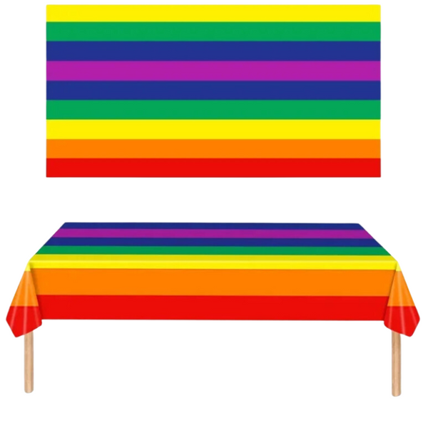 Rainbow Pride Party Tablecloth on a wooden-leg table, featuring vibrant rainbow stripes. Crafted from durable paper, it embodies LGBTQ+ pride, inclusivity, and empowerment, perfect for joyous, queer celebrations.