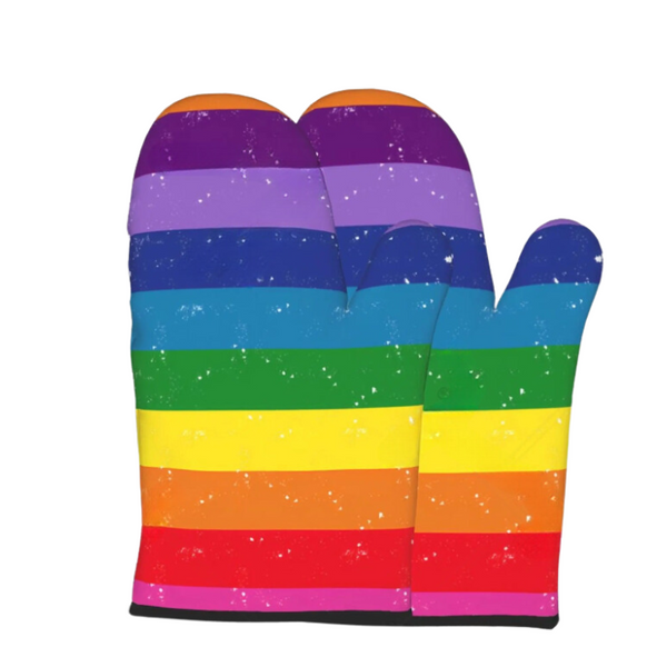 Rainbow Stripes LGBT Oven Mitts with vintage rainbow stripes, embodying queer pride and self-expression. Crafted from heat-resistant polyester, they blend style and safety, perfect for celebrating LGBTQIA+ identity in the kitchen.