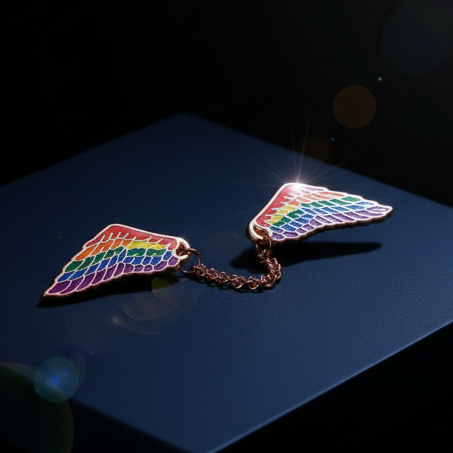 Rainbow Wings enamel pin with gold chain, featuring a bright rainbow LGBTQ+ pride design on dark blue, dramatic lighting highlights.