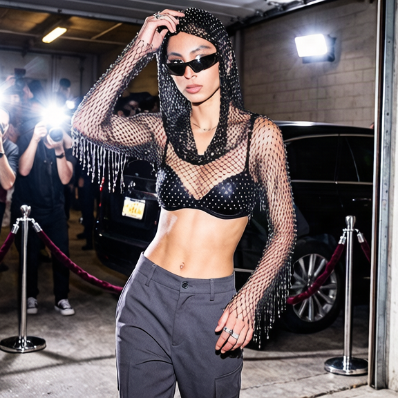 Rhinestone Fishnet Hooded Top
