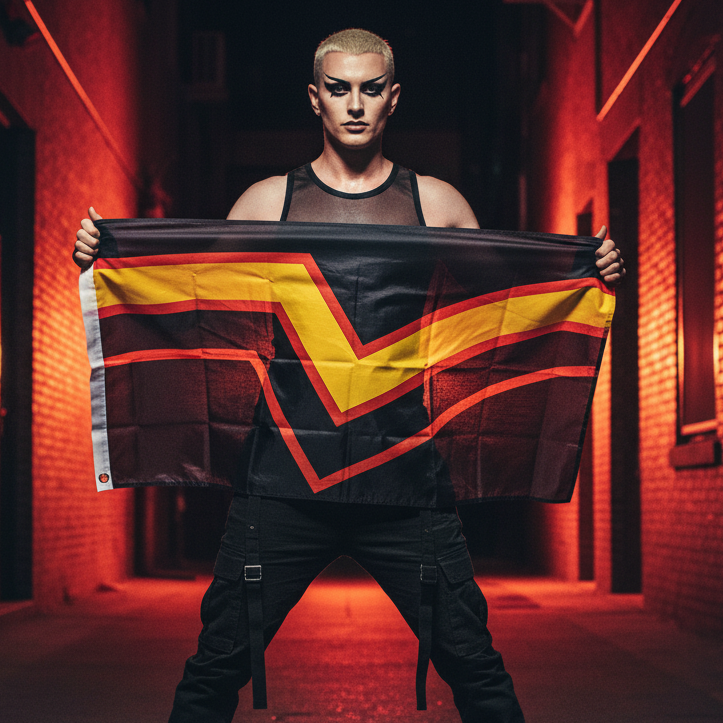 A person holds the Rubber Fetish Pride Flag, featuring bold red and yellow chevron stripes on black, against an edgy backdrop. Their dramatic look and expressive stance reflect queer empowerment and pride.