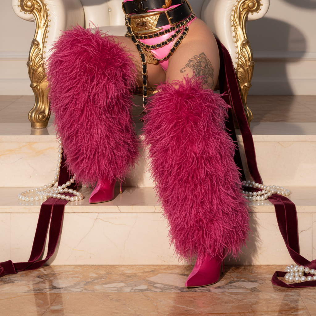 Bright pink fur thigh boots, pink underwear, black and gold harness, gold chains, velvet ribbons, pearls; tattooed thigh pops.