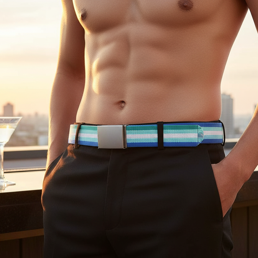 Gay Male Pride Flag Canvas Belt with green, white, and blue stripes, worn with black trousers. The metal buckle adds elegance, embodying queer masculinity, unity, and pride, set against a city skyline backdrop.