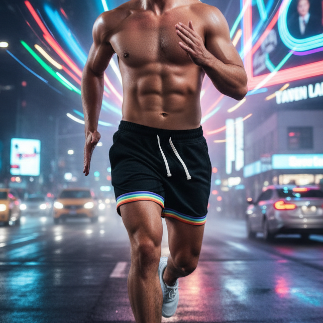 A shirtless man sprints confidently in Pride Rainbow Casual Men's Shorts, featuring a rainbow-trimmed hem and white drawstrings, embodying vibrant self-expression and queer pride amidst a dynamic city backdrop.