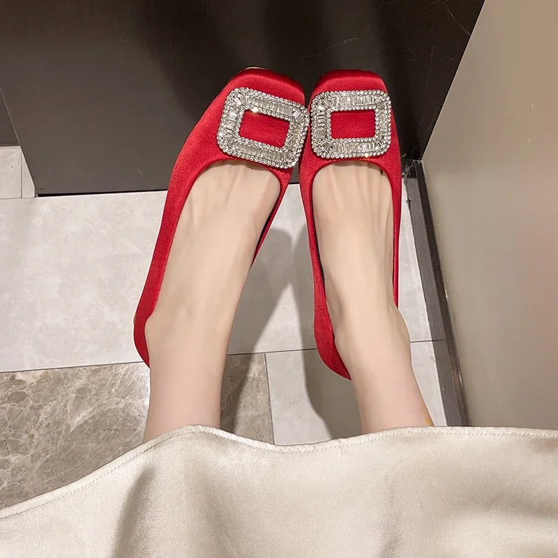 First Class Purser Rhinestone Pumps: Vivid red satin flats with crystal buckles, 2cm heel, perfect for empowering queer self-expression and prideful visibility in drag or daily wear.