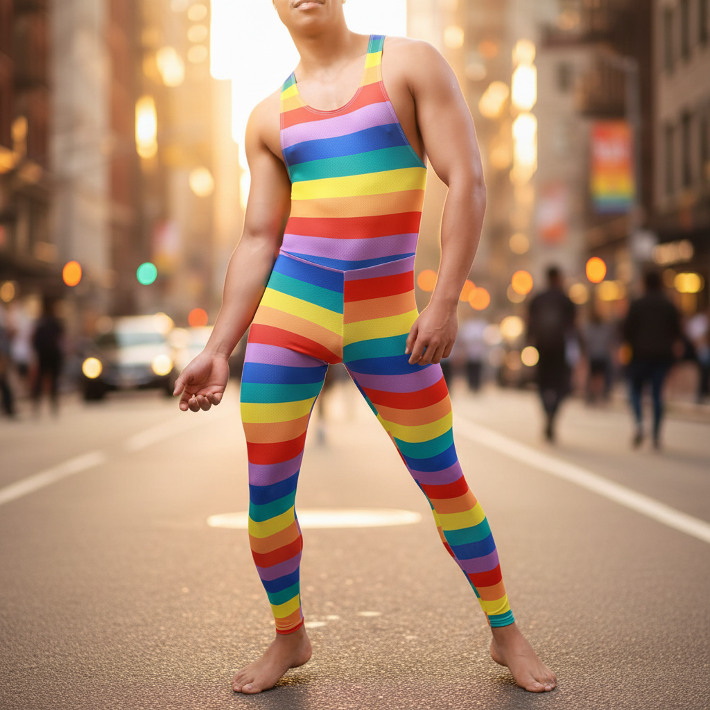 Barefoot person on a city street wears a rainbow-striped Gay Pride jumpsuit; blurred crowd and buildings evoke LGBTQ celebration.
