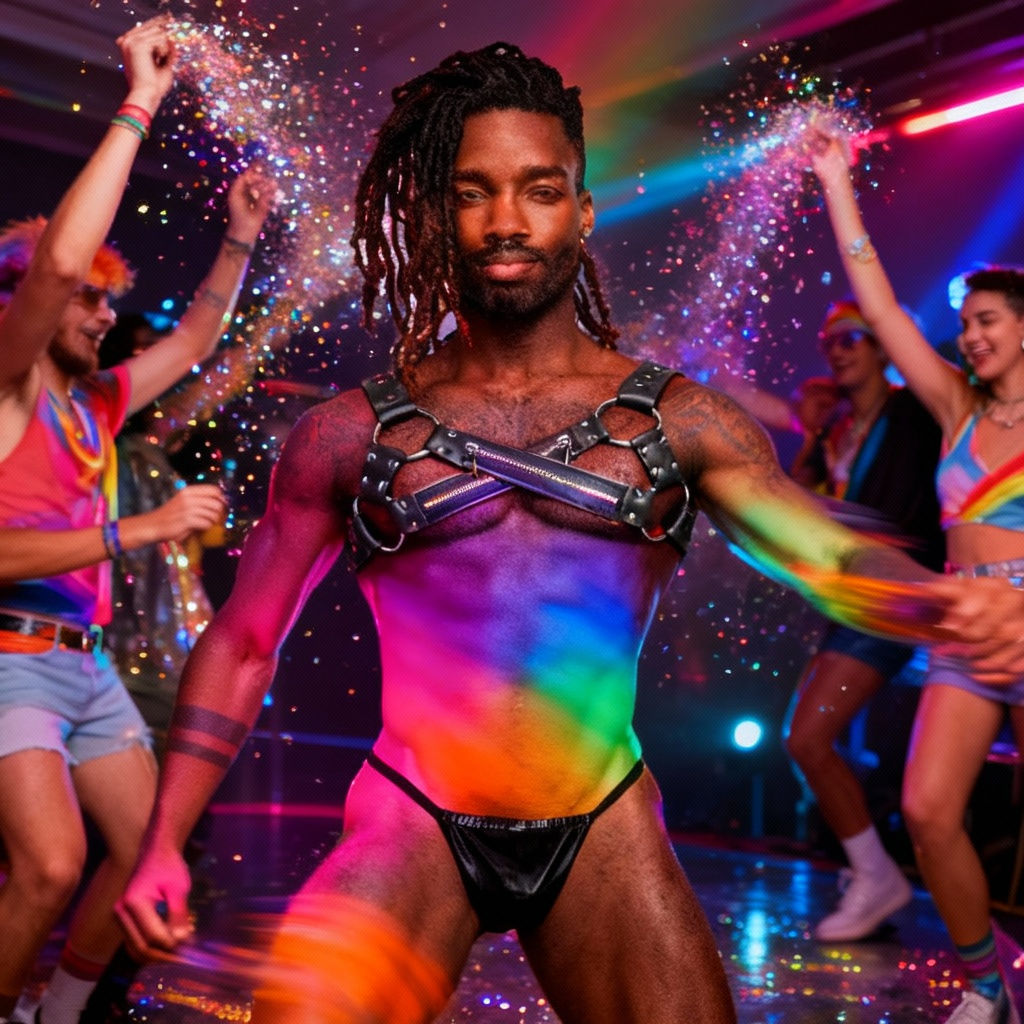 A Black man wearing the Zip It Gay Rave Harness, a black faux leather piece with zippers and studs, dances confidently amidst rainbow lights and confetti, epitomizing bold queer self-expression.