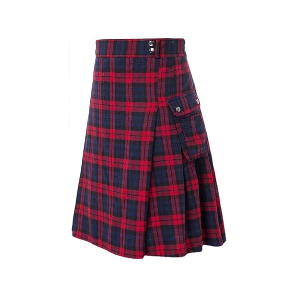The Contrast Color Festival Pleated Skirt features a vibrant red and navy tartan pattern, silver-studded waist, and a chic side pocket with a snap button, celebrating bold self-expression and queer pride.