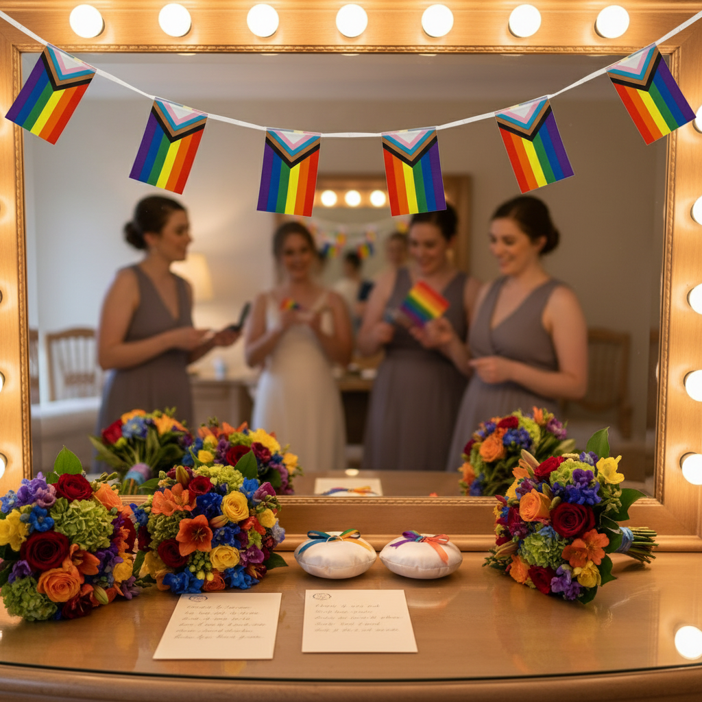 LGBT Pride Flag Buntings drape over a vanity mirror, embodying queer joy and celebration. Vibrant Progress Pride flags reflect in the bridal party scene, enhancing the space with colorful, unapologetic pride.