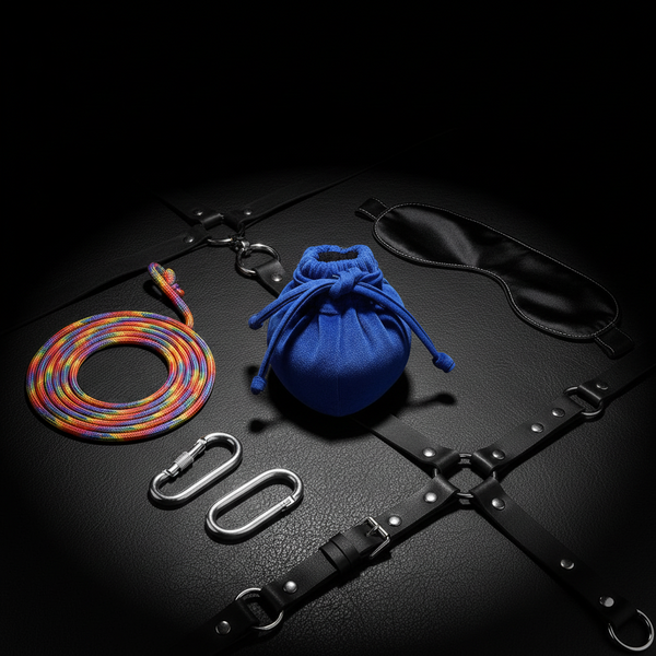 Elastic Drawstring Penis Pouch displayed with bold gear: coiled rope, silver carabiners, black blindfold, and leather straps. Celebrates queer pride with a seductive, adjustable silk-blend design for ultimate freedom and confidence.