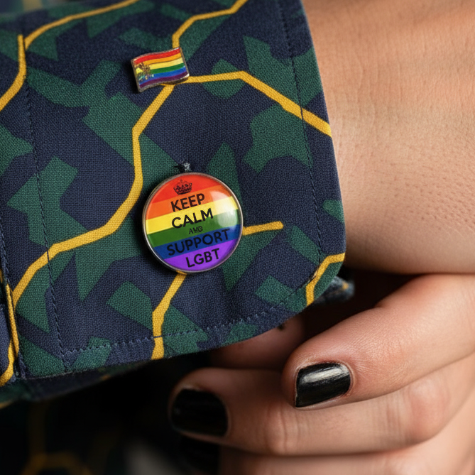 Hand with black nail polish wearing Keep Calm LGBT Supporter Cufflinks on a dark green shirt cuff, featuring a rainbow pride flag and a vibrant KEEP CALM AND SUPPORT LGBT message, embracing queer pride.