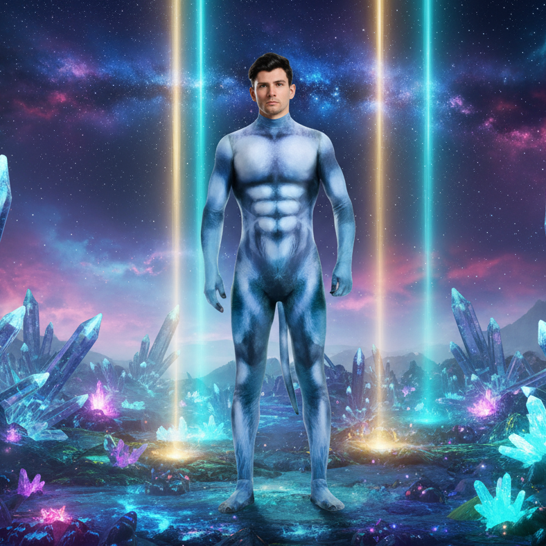 Blue Alien Fantasy Fetish Bodysuit With Tail: A striking, skin-tight, blue-gray suit with a tail, set in an alien landscape with glowing crystals, embodying bold queer empowerment and self-expression.