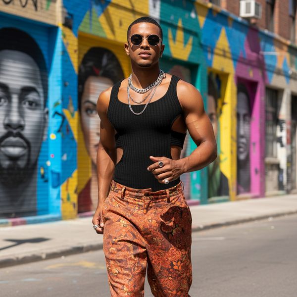 A confident man embodies queer pride in the Sexy Side Hollow Knitted Pit Strip Vest, featuring daring cut-out details, amid vibrant urban murals, celebrating self-expression and empowerment with bold queer style.