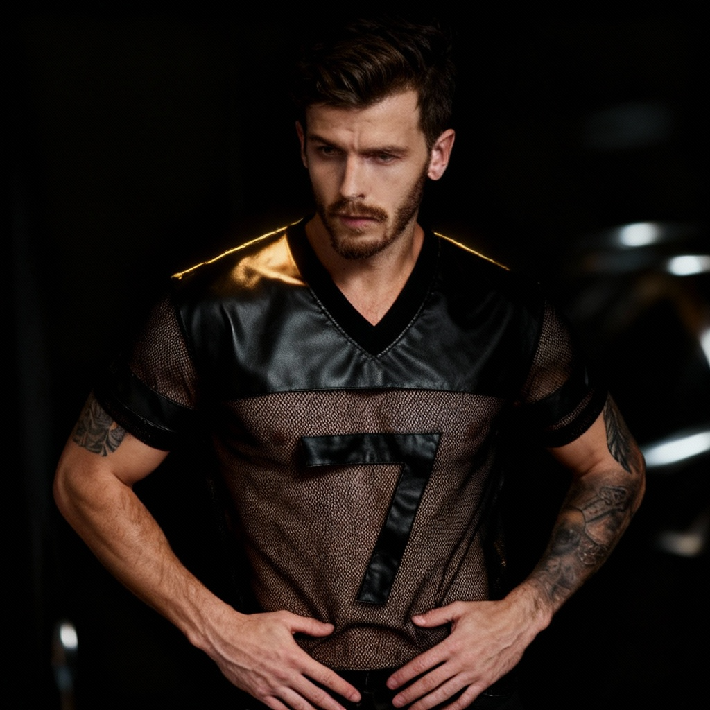Young man wearing Sexy Mesh Football T-Shirt with leather shoulder panels and large 7, revealing a tattoo sleeve. Designed for bold self-expression, embodying queer empowerment and prideful style.