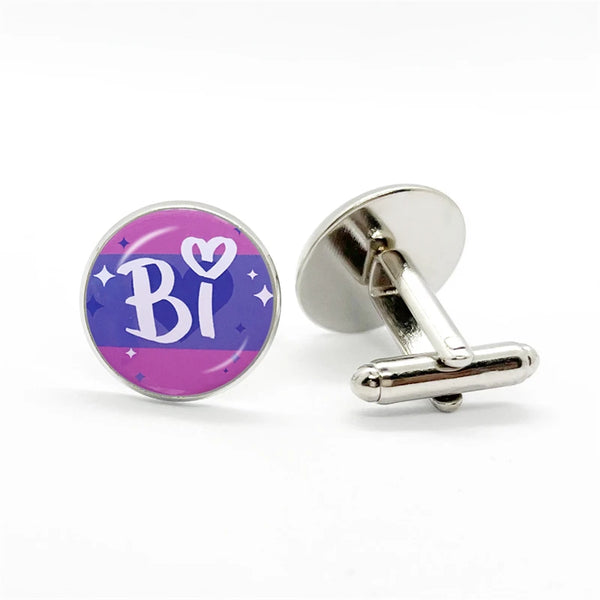 Bi AF Pride Cufflinks featuring bisexual pride flag enamel with Bi and heart design, showcasing queer visibility. One cufflink displays T-bar fastening. Ideal for empowering, stylish LGBTQIA+ self-expression.