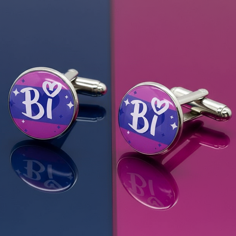 Bi AF Pride Cufflinks on a glossy surface, featuring bisexual flag stripes with Bi and a heart, reflecting Queer in the World's empowering, prideful style for confident LGBTQIA+ expression.
