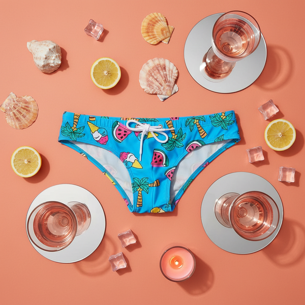 Hello Temptation Swim Briefs feature vibrant summer motifs like watermelon and ice cream on bright blue fabric, surrounded by tropical elements, embodying queer pride and playful self-expression.