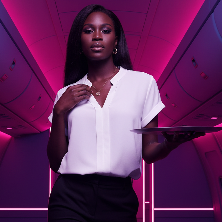 A poised woman embodies empowerment in the First Class Purser Elegance Shirt, a chic white blouse ideal for commanding attention, embracing pride, and celebrating self-expression in a magenta-lit airplane cabin.