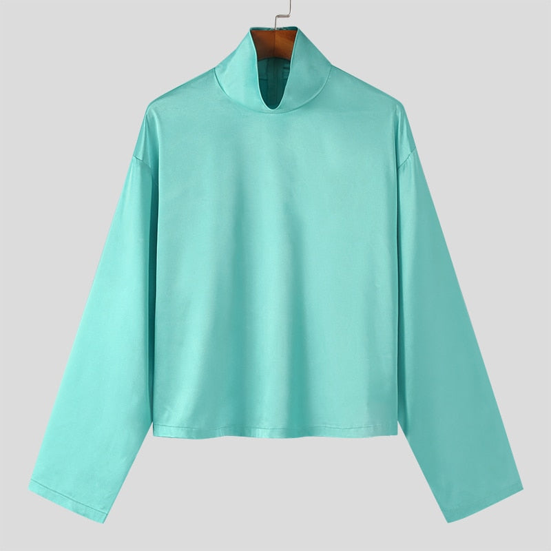 Satin Turtleneck Streetwear 2-Piece Set (Long Sleeve T-Shirt + Pants)