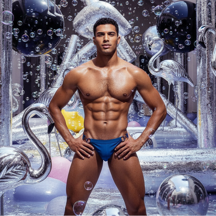 The Alloy Allure Swim Briefs, worn by a confident man amid a futuristic set with metallic elements and bubbles, celebrate bold self-expression and queer pride through their sleek, lustrous design.