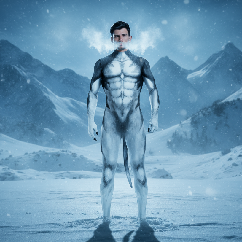 Person in Husky Fantasy Fetish Bodysuit With Tail stands in snowy mountain valley, showcasing animal print, tail, and form-fitting design, exhaling visible breath.