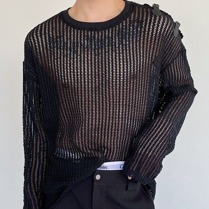 Versatile See-Through Knitted Long Sleeve Top