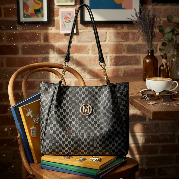 The Habibi Hold-All Tote Bag, a structured grey-and-charcoal checkerboard beauty with black leather and gold chain handles, exudes opulence and pride, paired with colorful notebooks and tortoiseshell sunglasses.