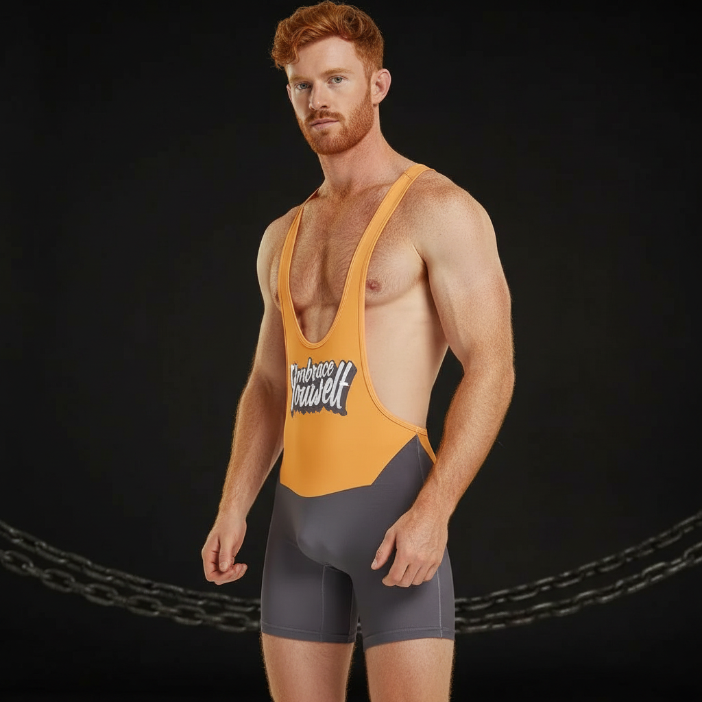 A fit red-haired man models the Tauwell One Piece Gym Swimsuit, showcasing its two-tone design and “Embrace Yourself” message, embodying bold queer self-expression and empowerment.