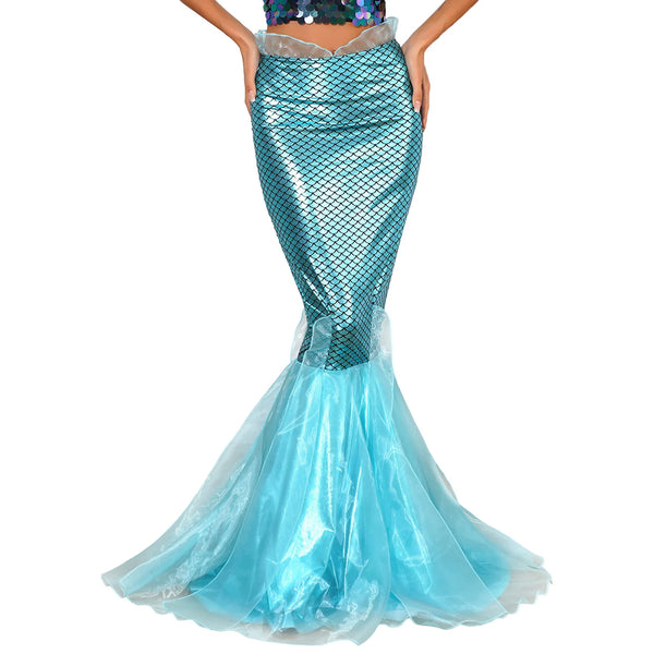 Mermaid Tail Cosplay Outfit featuring a shiny teal fish-scale skirt with organza fin, embodying queer joy. Hands on hips, it celebrates empowerment and self-expression in a fantastical, prideful style.
