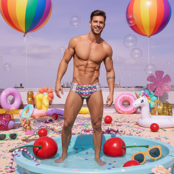 Muscular man in Silver Stud Rainbow Swim Briefs stands confidently in a playful pool scene with pastel inflatables and colorful accessories, exuding vibrant pride and self-expression.