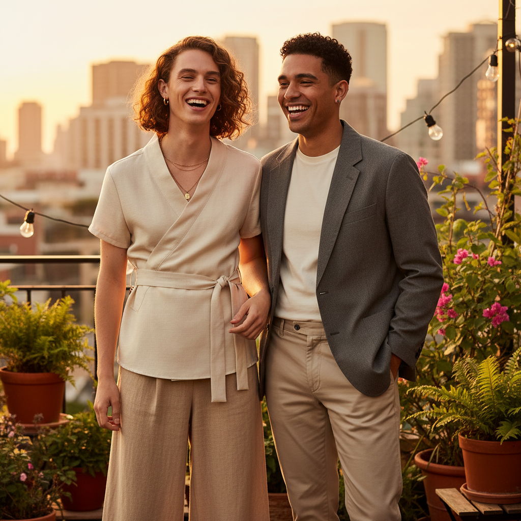 Two people, one in a beige wrap top and pants, the other in a "Fabulous Lapel Short Sleeve Summer Shirt" with gray blazer, pose on a sunset-lit rooftop with plants and string lights; city skyline glows behind.