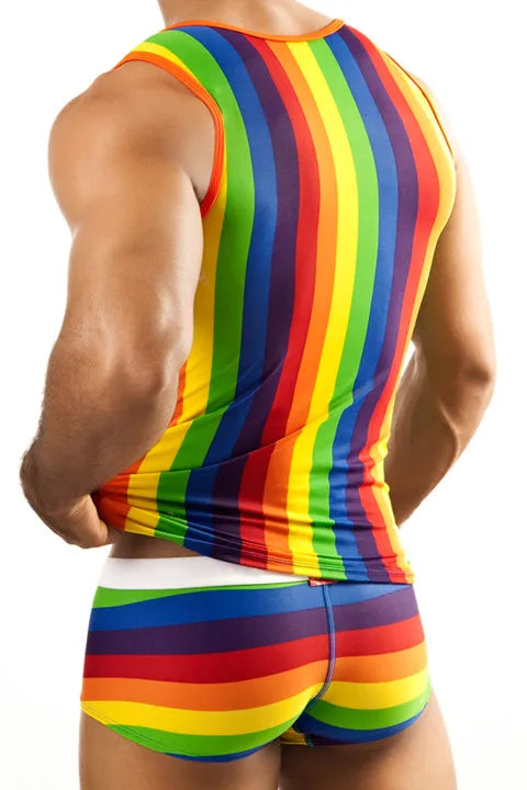 Back view of a fit adult in the Rainbow Stripes Pride 2-Piece Outfit, showcasing a sleeveless tank top and matching briefs. This vibrant ensemble celebrates LGBTQIA+ pride, confidence, and self-expression.